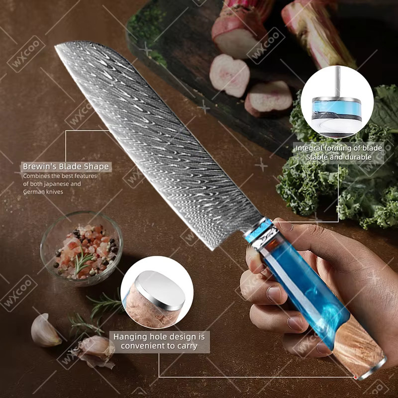 WXCOO 1-6-teiliges Damaszener Stahl Küchenmesser-Set mit blauem Harzgriff, professionelles japanisches Santoku-Messer, Obstschälmesser und Allzweckmesser - Bild 3