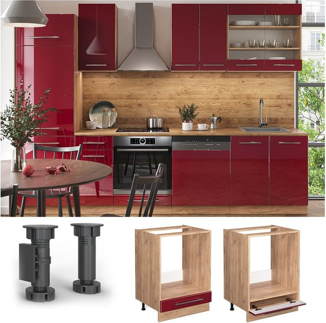 Vicco Herdumbauschrank Fame-Line Küchenschrank in Bordeaux Rot und Eiche Hochglanz mit Softclose-Scharnieren, Breite: 60 cm - Bild 1