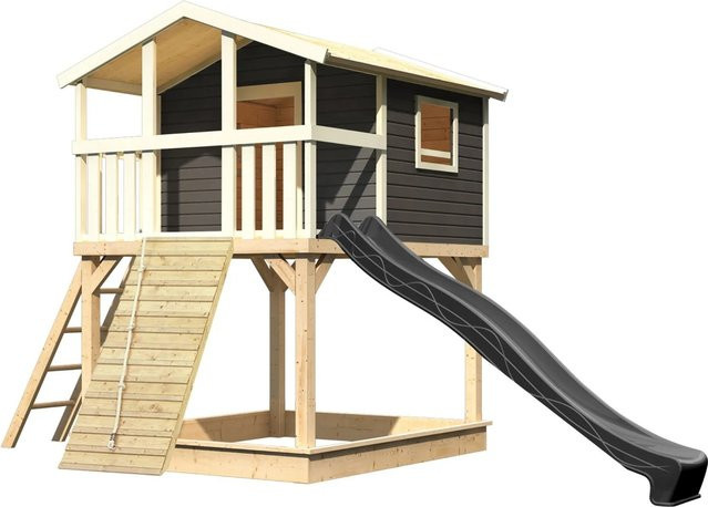Karibu Stelzenhaus Benjamin aus Massivholz mit Rutsche und Holzrampe in Natur-Grau - Bild 1