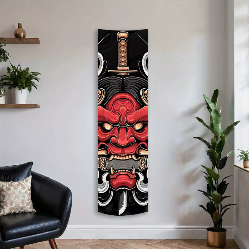 VIKAMA Japanische Samurai-Masken Wandteppich in Schwarz-Rot als ästhetischer Wandbehang für dein Wohnzimmer oder Schlafzimmer - Bild 2
