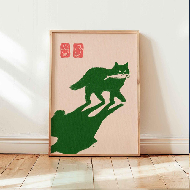 Dunkelgrünes Poster mit Katze und Fisch im japanischen Japandi-Stil als Wandkunst aus Papier - Bild 1