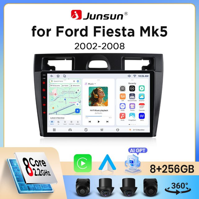 Junsun Wireless CarPlay und Android Auto Autoradio für Ford Fiesta Mk5 (JH/JD) 2002-2008 mit GPS, WiFi, Bluetooth und IPS-Touchscreen in Schwarz - Bild 1