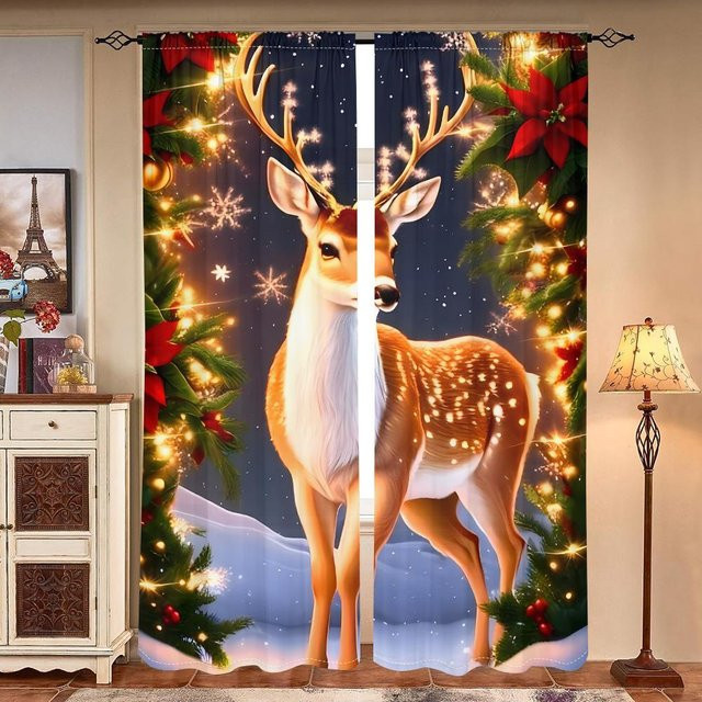 2er-Set Weihnachts Vorhänge mit Rentier und Weihnachtsbäumen in Braun, halbtransparent, B: 150 cm, H: 166 cm - Bild 1