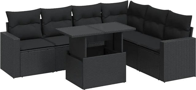 vidaXL 7-teilige Garten-Sofagarnitur in L-Form aus schwarzem Poly-Rattan mit Kissen und pulverbeschichtetem Stahlgestell - Bild 1