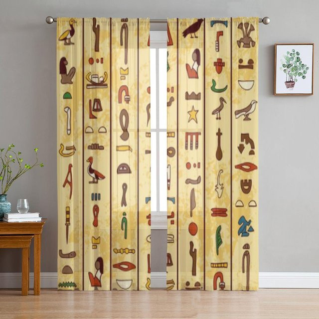 Transparenter Chiffon-Vorhang mit ägyptischen Hieroglyphen-Motiven von Super Six, Farbe: Beige, Breite: 135 cm, Höhe: 114 cm - Bild 1