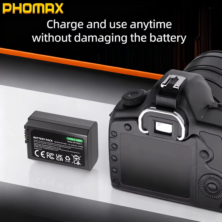 PHOMAX NP-FW50 Li-Ion Akku mit USB-C Direktladung für Sony A6400 A6000 ZVE10 A6300 A7 M2 A7R2 A6100 A5100 NEX-7 NEX-F3, 2250mAh, Schwarz - Bild 4