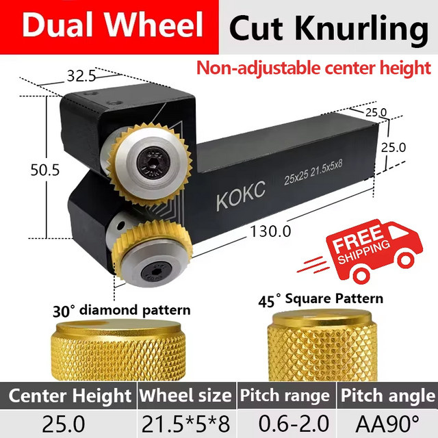 Doppelradwerkzeug für CNC-Drehmaschinen zum Schneiden und Rändeln mit 25 x 25 mm Quadratischem Muster, 30 Grad Diamant und 45 Grad, Farbe: Schwarz - Bild 1