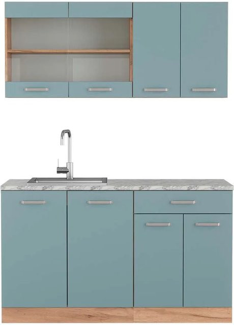 Vicco R-Line Singleküche Blau-Grau Goldkraft Eiche mit Marmor-Arbeitsplatte Breite: 140 cm - Bild 1