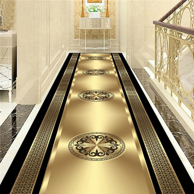 Karpetti Flurteppich im nordischen Stil, Gold, geometrisches Design, rutschfest und waschbar, B/T: 100 x 200 cm - Bild 1