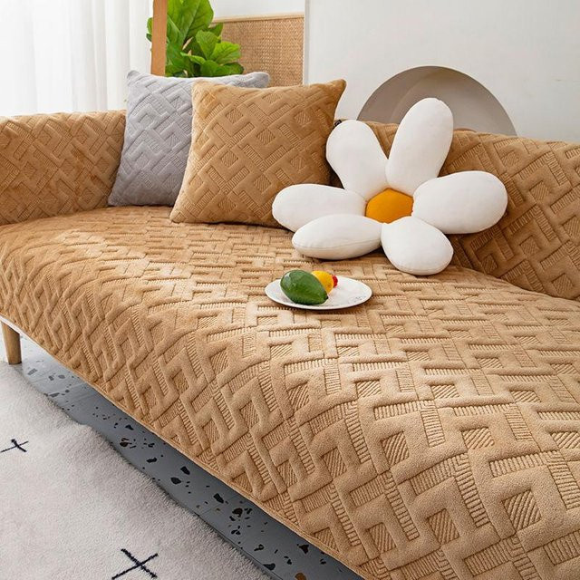 Sofabezug aus Plüsch und Samt mit Karomuster in Beige, B/H: 70 x 70 cm, von Household supplies MH - Bild 1