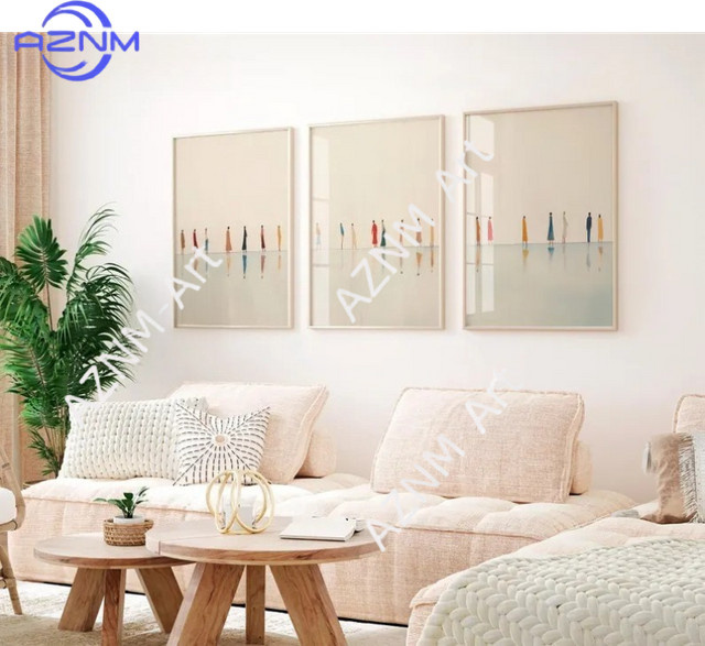 3-teiliges Wandbild-Set AZNM mit Meeresmotiven in Beige, minimalistisches Boho-Küsten-Triptychon als abstrakter Natur- und Landschaftsdruck auf Papier - Bild 1