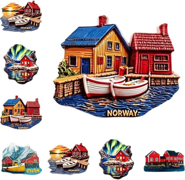 Norwegen Lofoten Fischerhütte 3D Harz Kühlschrankmagnet in Mehrfarbig als maritimes Reise-Souvenir und Sammlerstück - Bild 1