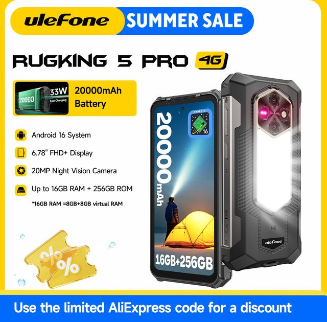 Ulefone RugKing 5 Pro Robustes Smartphone in Schwarz mit 20.000 mAh Akku, 6,78-Zoll-Display, 256 GB ROM, 16 GB RAM, Android 16 und 4G LTE - Bild 1