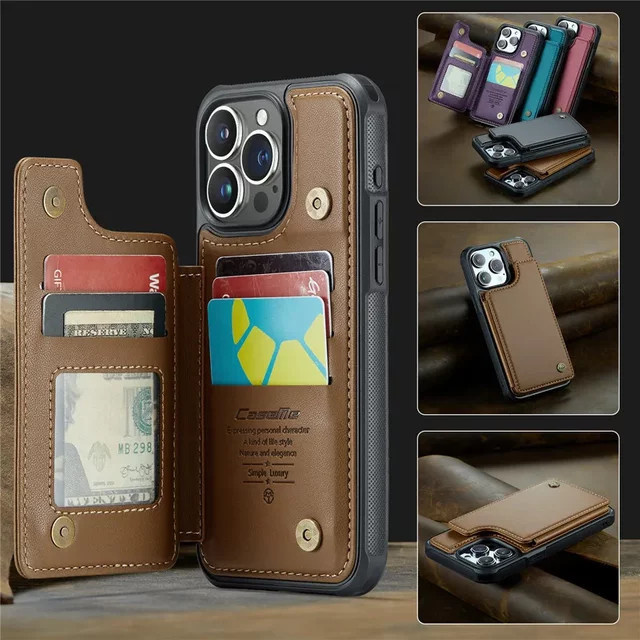 EUCAGR Leder Brieftasche und Telefonhülle mit Kartenhalter und Magnetverschluss für iPhone Modelle in Braun - Bild 1