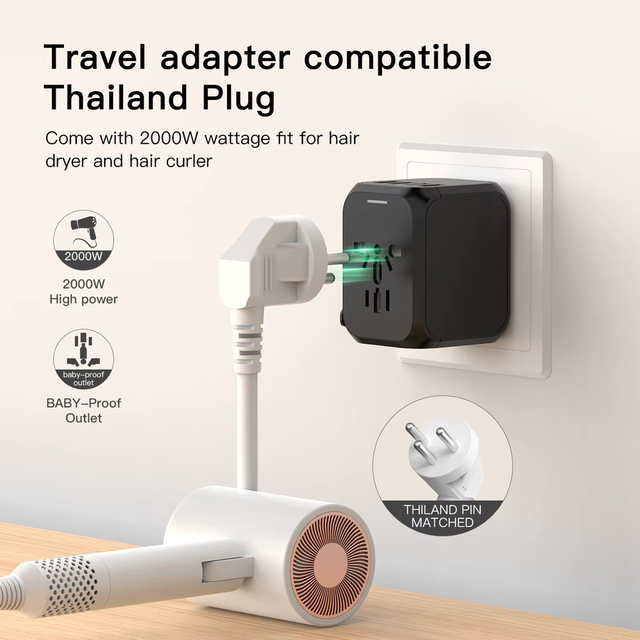 HKLAMIN Universeller Reiseadapter mit 3x USB und USB-C Schnellladung in Schwarz - Bild 3