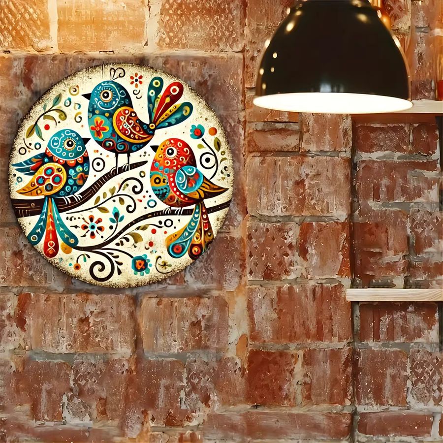Potdemiel Wandkunst Vogel-Trio aus Metall in Multicolor mit floralen Akzenten, Rundes Eisenschild, Durchmesser: 20,3 cm - Bild 5