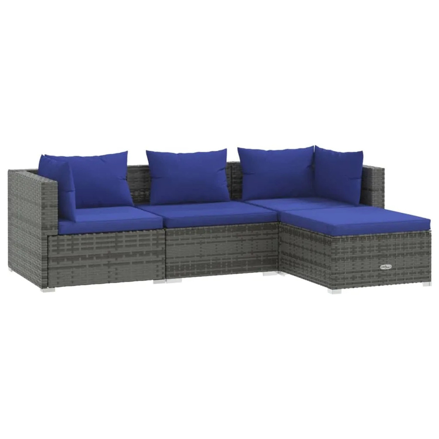 vidaXL 4-tlg Garten-Lounge-Set in L-Form mit Kissen und Ottoman, Grau und Blau, Poly Rattan mit Metallgestell - Bild 2