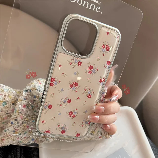 Potdemiel Handyhülle mit Blumen-Design und Silberrand für iPhone 17, 16, 15, 14, 13 Pro Max Plus, stoßfest, mehrfarbig - Bild 1