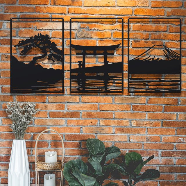 DDPNKL 3-teiliges Wandbild Set aus Metall in Schwarz-Weiß mit minimalistischen Silhouetten von Serene-Bonsai, Torii-Tor und Mt. Fuji - Bild 1