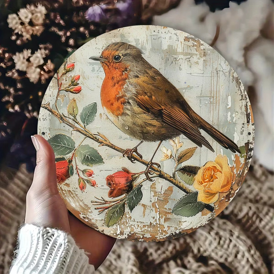 Potdemiel Rundes Aluminiumschild mit Vintage-Robin-Vogel-Motiv, Durchmesser: 20,32 cm, Mehrfarbig - Bild 4