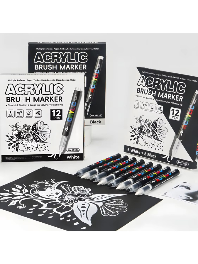Kolorowys Acryl-Farbmarker Set mit 12 Stück, wasserfeste Acryl-Farbstifte mit Bürstenspitze für Kunststoff, Leinwand und Glas - Bild 5