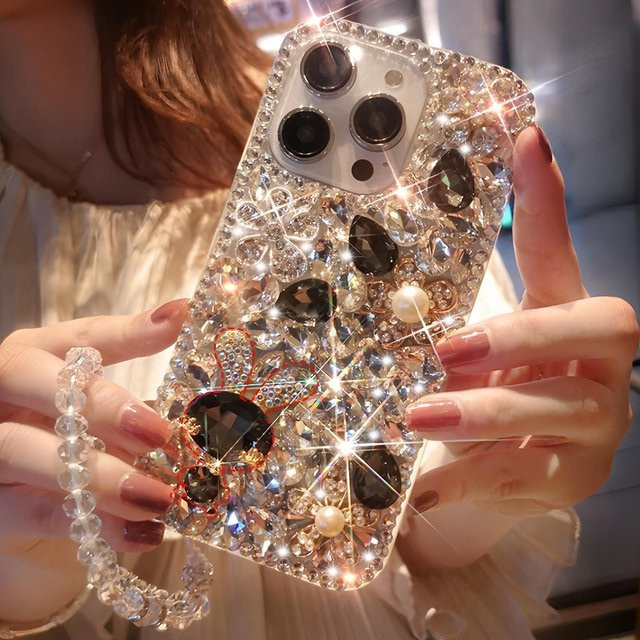 Glitzer Strass Handyhülle mit Blumen-Design und Kristall Diamant für Samsung Galaxy A17 A16 A15 A14 A13 A12 A07 A06 A05 A05S 4G 5G in Schwarz - Bild 1