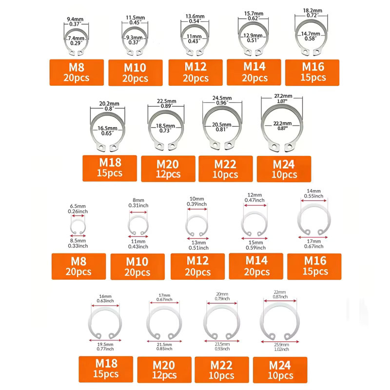 UULMERA 288-teiliges Sicherungsring-Set aus 304 Edelstahl in Silber inklusive Sicherungsringzange für Innen- und Außensicherungsringe und Wellenloch-Sicherungsringe - Bild 2