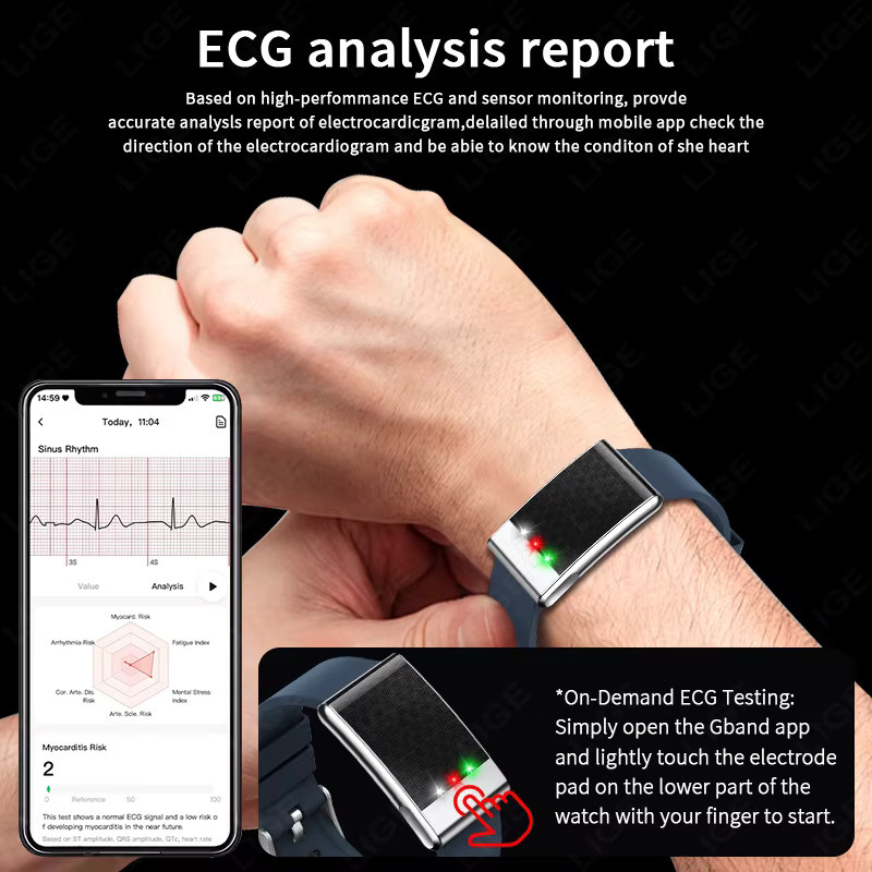 LIGE Smart-Armband ohne Bildschirm mit EKG, PPG, Herzfrequenz, Blutdruck, Stressmessung und Temperaturanzeige, wasserdicht, Unisex Fitness Tracker mit SOS-Funktion - Bild 2