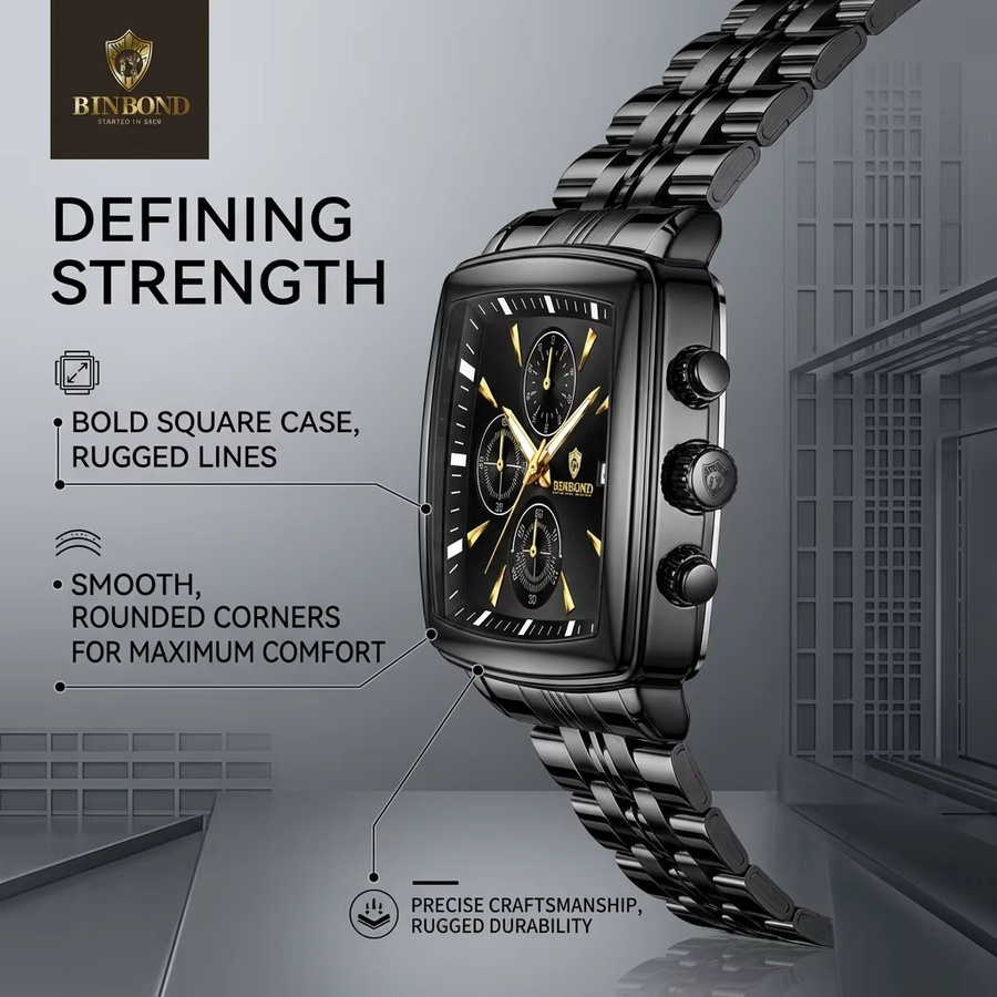 BINBOND Chronograph Herren, Quarz, Edelstahl, Schwarz, Eckig, Datum - Bild 4