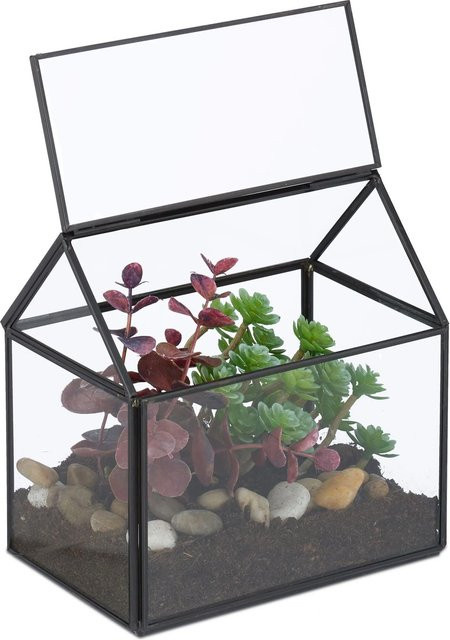Relaxdays Pflanzenterrarium aus Glas in Hausform mit Dachfenster, Schwarz, B/T/H: 15 x 15 x 10 cm - Bild 1