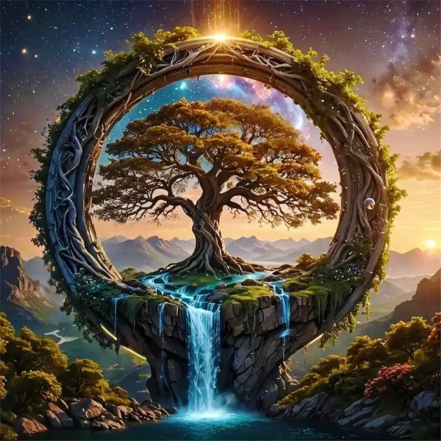 YUTTEE Diamantmosaik DIY Set Landschaft mit Wasserfall und Baum in abstrakter Optik, Mehrfarbig - Bild 1