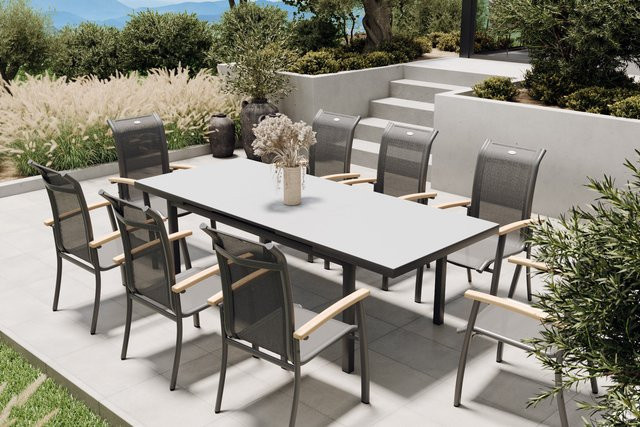 Hartman Alice Garten-Essgruppe in Xerix mit ausziehbarem Aluminiumtisch und 8 Stapelsesseln aus Textil - Bild 1