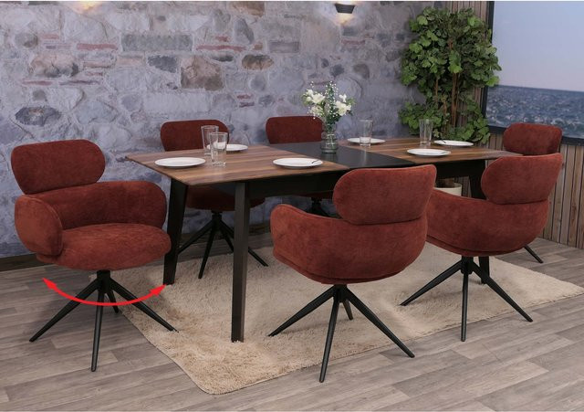 6er-Set MCW Esszimmerstuhl O77 in Rotbraun mit drehbarer Auto-Return-Funktion und Chenille-Stoff nach Öko-Tex Standard - Bild 1