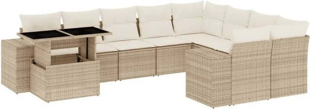 vidaXL 10-tlg. Garten-Sofagarnitur in L-Form aus beige farbenem Poly-Rattan mit Kissen und pulverbeschichtetem Stahlgestell - Bild 1