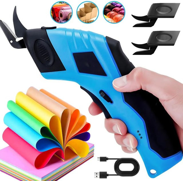 Kabellose elektrische Stoffschere mit 11000 U/min und 4 Wolframstahlklingen in Blau für Leder, Teppich und Textilien, 1500 mAh Akku - Bild 1