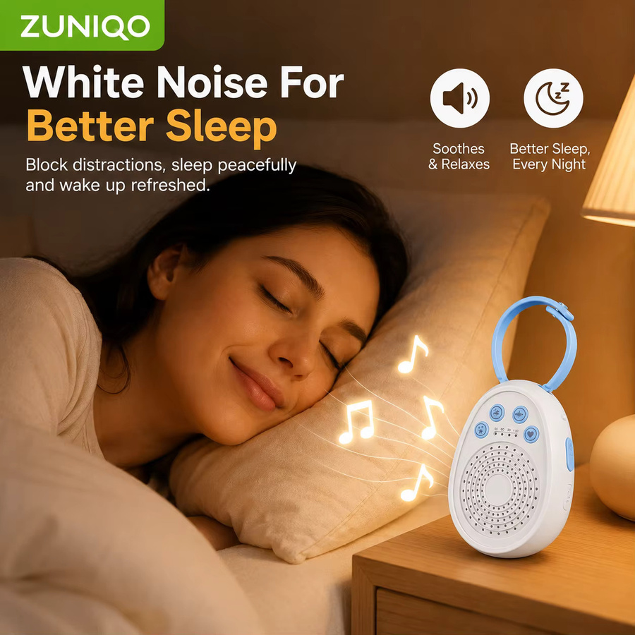 ZUNIQO Baby White Noise Maschine mit 20 beruhigenden Klängen, tragbares USB-Mini-Schlafgerät für Neugeborene in Blau und Weiß - Bild 2