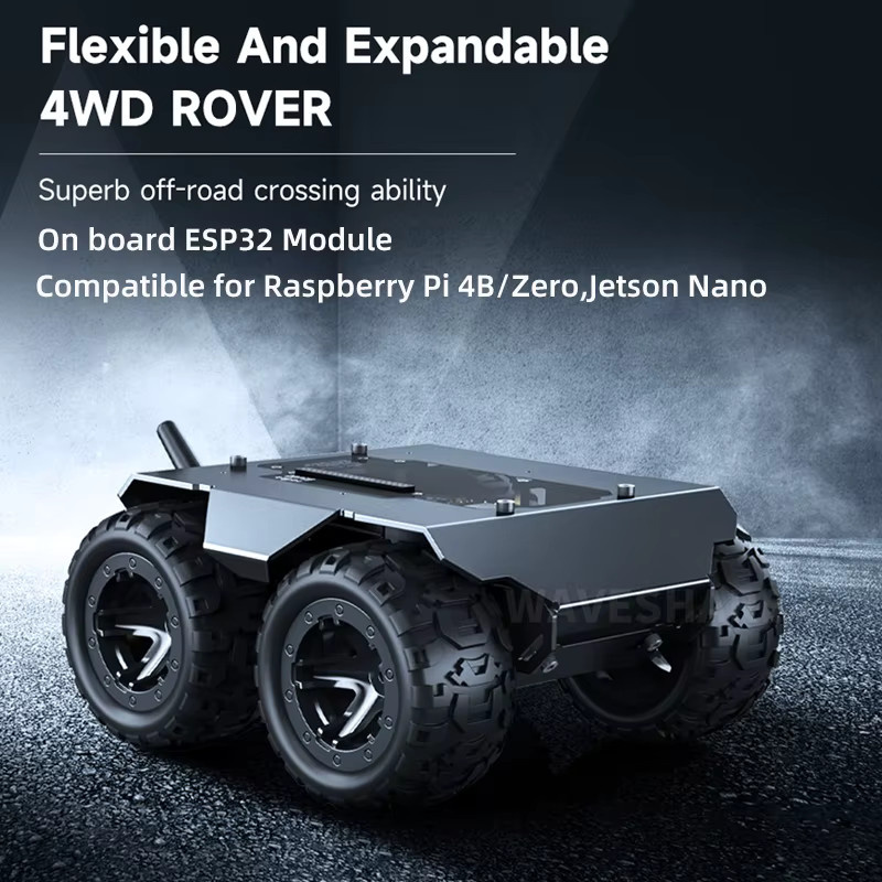 Wave Rover flexibles und erweiterbares 4WD mobiles Roboter-Chassis mit ESP32-Modul in Schwarz für Raspberry Pi 4B Zero und Jetson Orin Nano - Bild 2