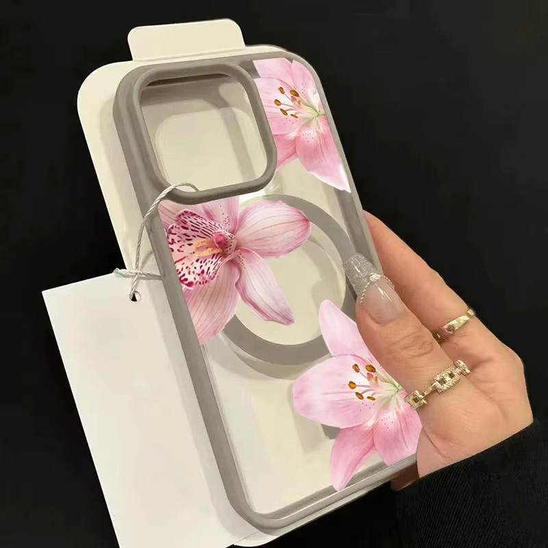 Magnetische iPhone Handyhülle mit rosa Blumenlilie-Orchideenmuster für Apple iPhone 17, 16, 15, 14, 13, 12, 11 und Pro Max Modelle in Pink und Schwarz - Bild 4