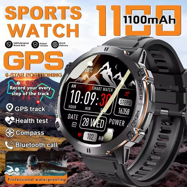GUHUAVMI Militär Smartwatch für Herren mit 1,73 Zoll HD-Bildschirm, GPS, Kompass und 10ATM Wasserdichtigkeit, Schwarz - Bild 1