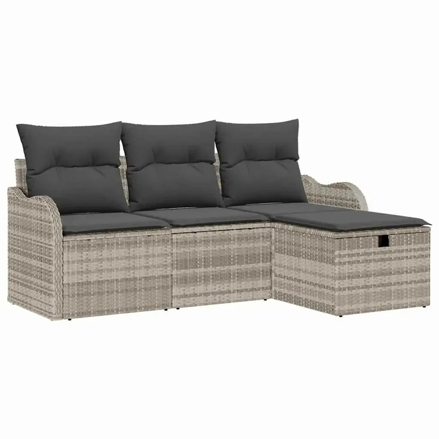 vidaXL Garten-Sofa-Set aus Polyrattan in Grau, 4-teiliges L-Shape Lounge-Set mit Ottomane und Kissen für Terrasse und Garten - Bild 2