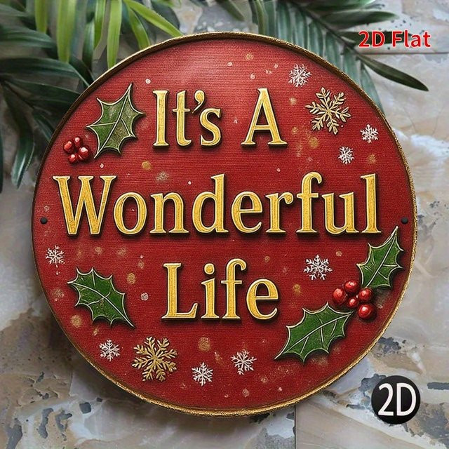 Potdemiel Weihnachts-Wanddekorationsschild aus Metall in Rot und Gold mit It's a Wonderful Life Schriftzug, Durchmesser: 20 cm - Bild 1