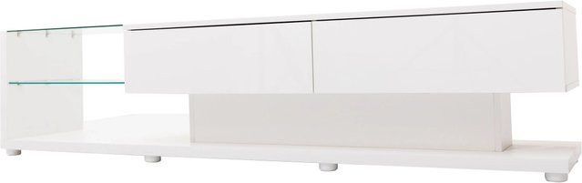 okwish TV Schrank in Weiß mit LED Beleuchtung und Glastrennwänden, modern und glänzend, B/T/H: 170 x 36 x 38 cm - Bild 1
