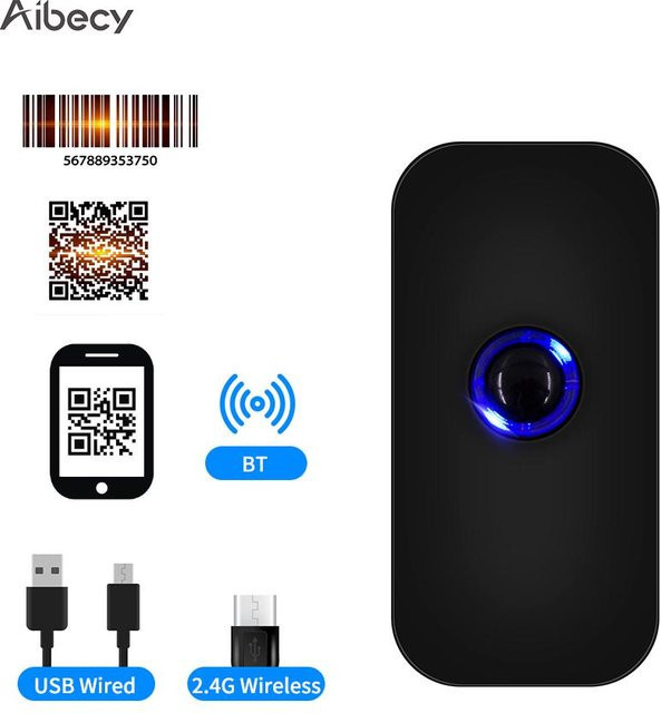 Aibecy 3in1 Handheld Barcodescanner für 1D, 2D und QR-Codes in Schwarz mit Bluetooth, 2,4G Wireless und USB-Anschluss - Bild 1