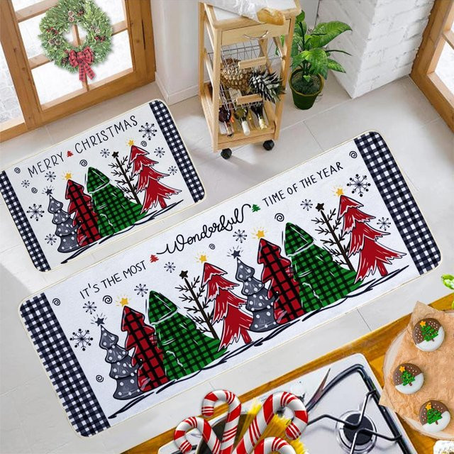 VIKAMA 2-teiliges Set Küchenteppiche mit Schneeflocken-Design in Rot und Schwarz im Buffalo-Karo-Look für deine Weihnachtsdekoration - Bild 1