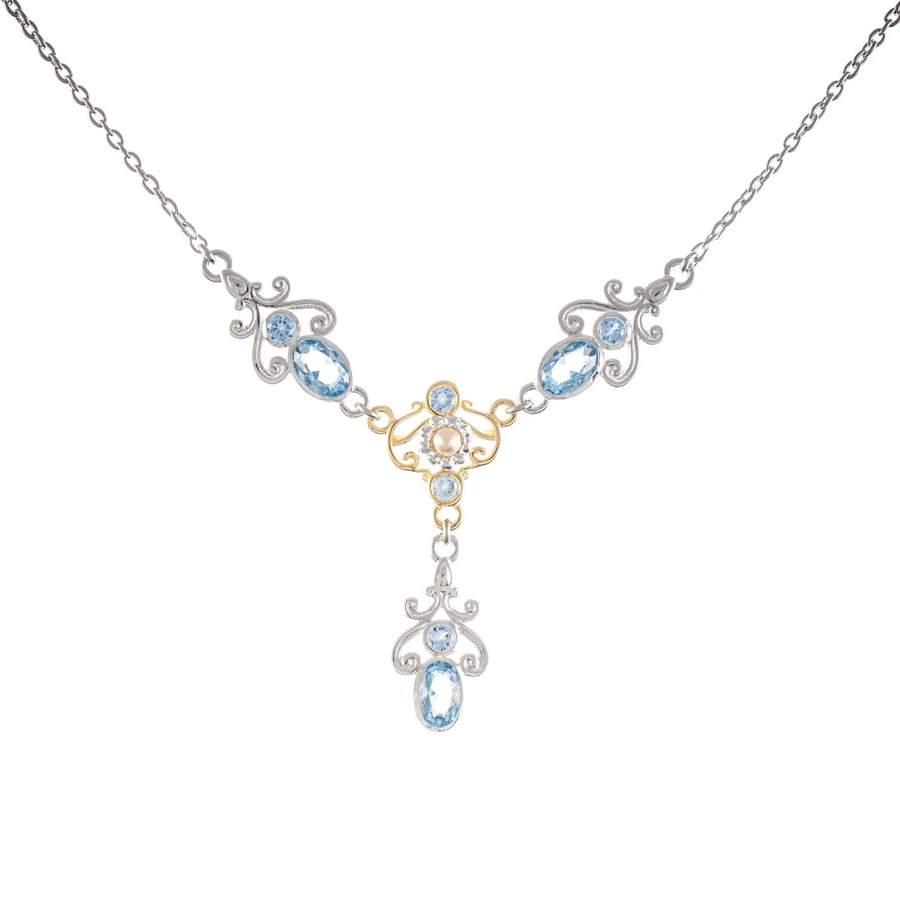 Collier 925 Silber, teilvergoldet, Zirkonia, hellblau, Perle, Unisex - Bild 1