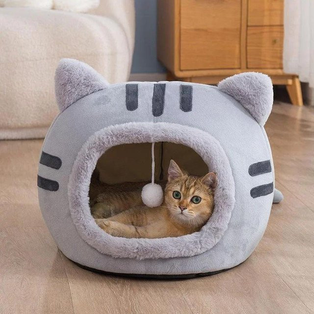 Halbgeschlossenes Katzenbett von Household supplies MH in Grau, rutschfeste Plüsch-Haustierhütte und faltbare Schlafhöhle für Katzen und kleine Hunde - Bild 1