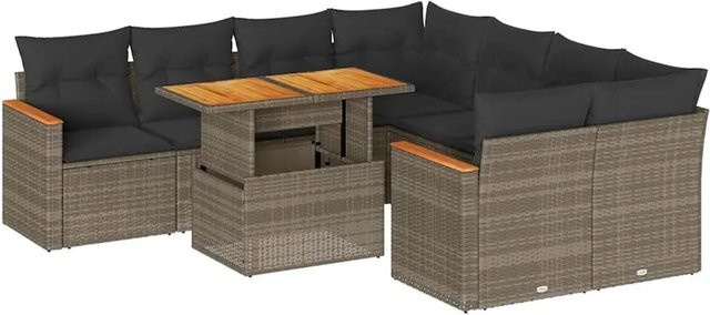 vidaXL 9-teilige Garten-Sofagarnitur aus Poly-Rattan und Akazienholz in Grau mit Kissen - Bild 1
