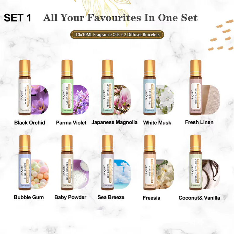 EUQEE 10-teiliges Duftöle-Set für Luftbefeuchter und Diffusor mit weißem Moschus, Kokosnuss, Vanille, Kaugummi und schwarzer Orchidee - Bild 2