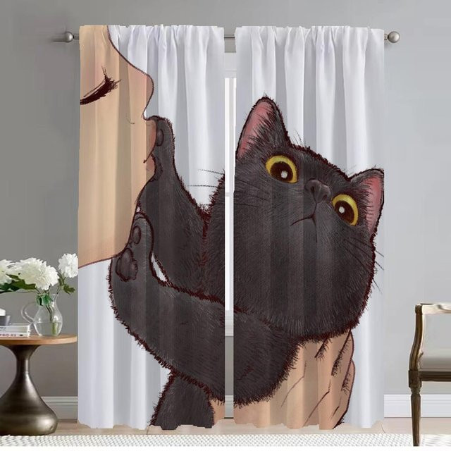 2er-Set Halloween Tüllvorhänge mit Katzen-Motiv, halbtransparent, Weiß, Breite: 50 cm, Höhe: 70 cm - Bild 1