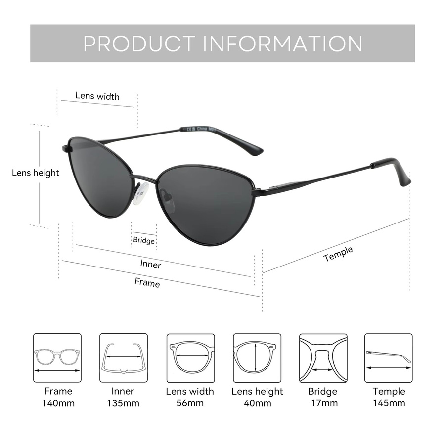 ZENOTTIC Cat-Eye Sonnenbrille, Metall, Vollrand, Schwarz, Damen - Bild 3